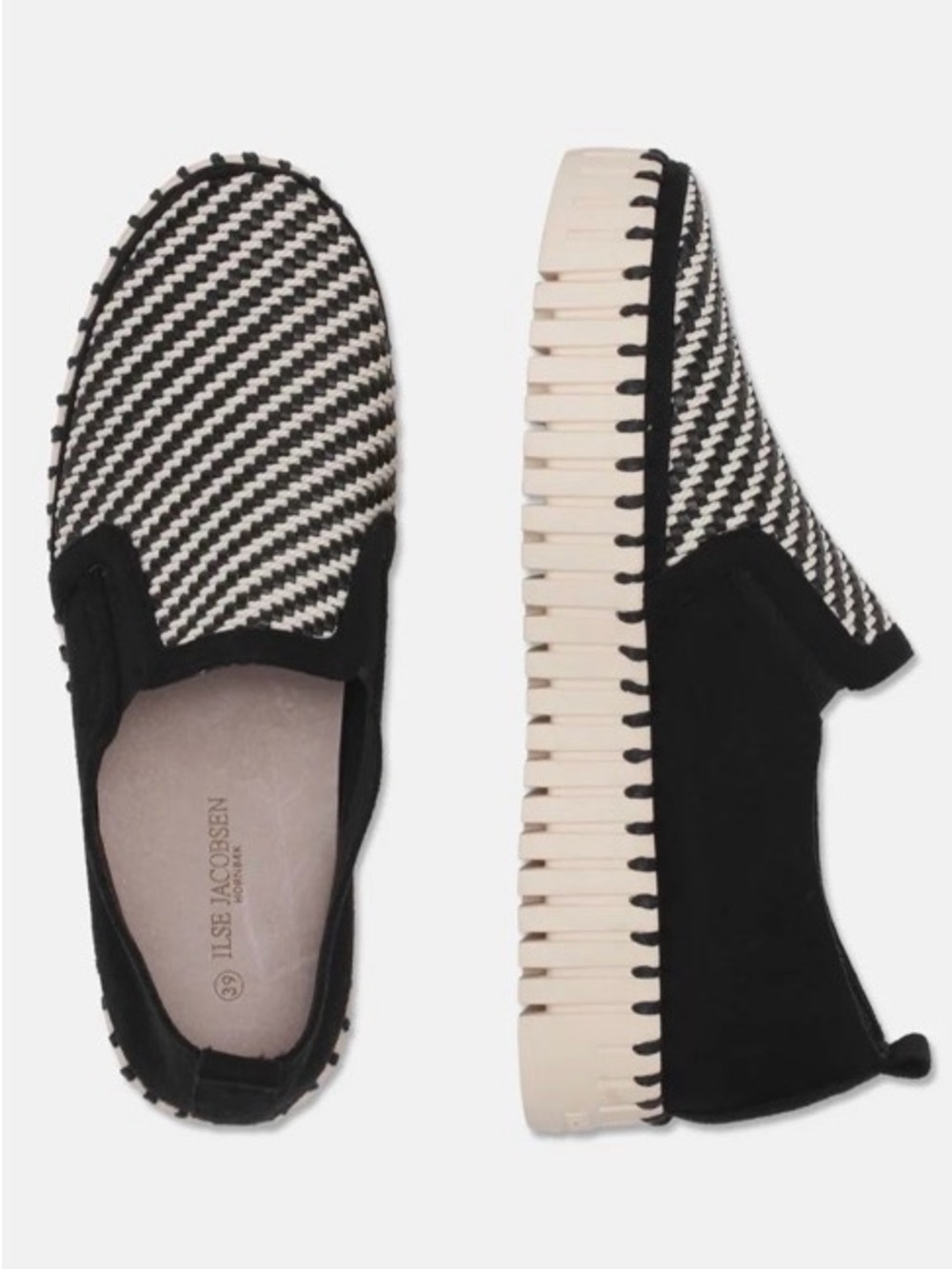 Ilse Jacobsen Tulip Slip On Woven Textile Platform Size 40 Size 9 Black White